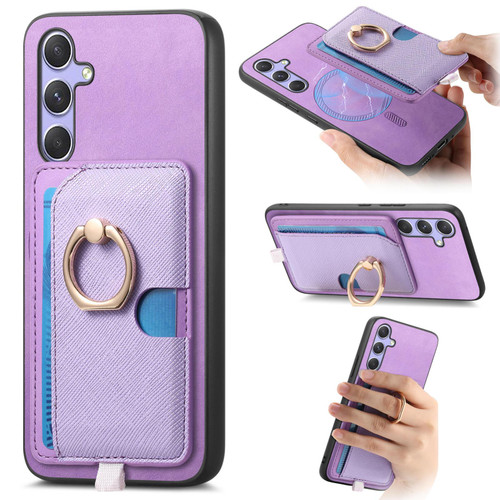 Samsung Galaxy A16 5G Retro Cross Leather Ring Side Insert Card Bag MagSafe Phone Case - Purple